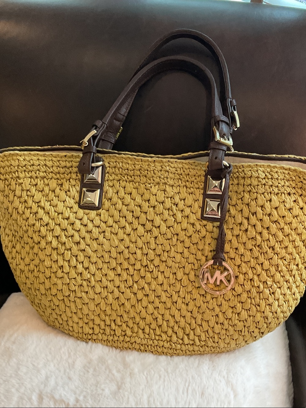 Michael Kors Santorini Woven Tote with Brown Leather Handles